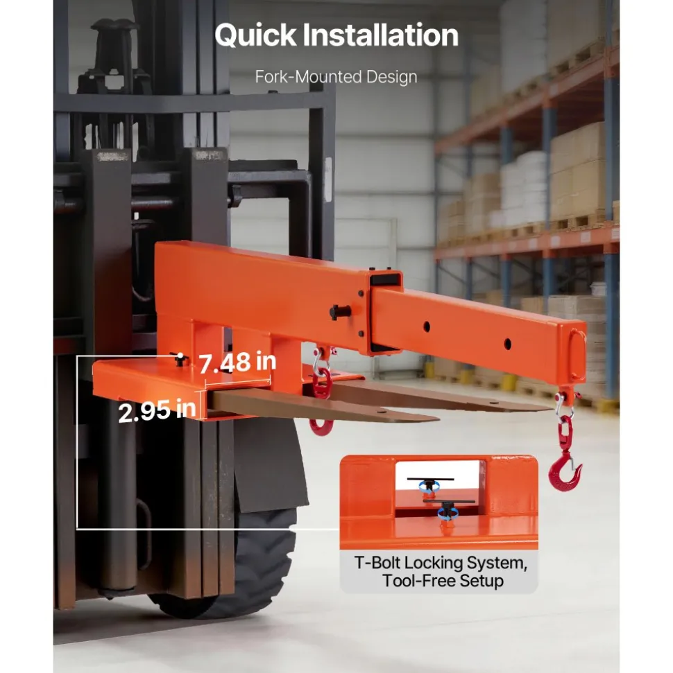VEVOR Forklift Jib Boom Crane, 5500 lbs Capacity, Forklift Mobile Crane Lifting Hoist with 2 Hooks, Manual Telescopic 47.2-73.5 in, Boom Attachment Towing Handling Equipment for Warehouse & Factories