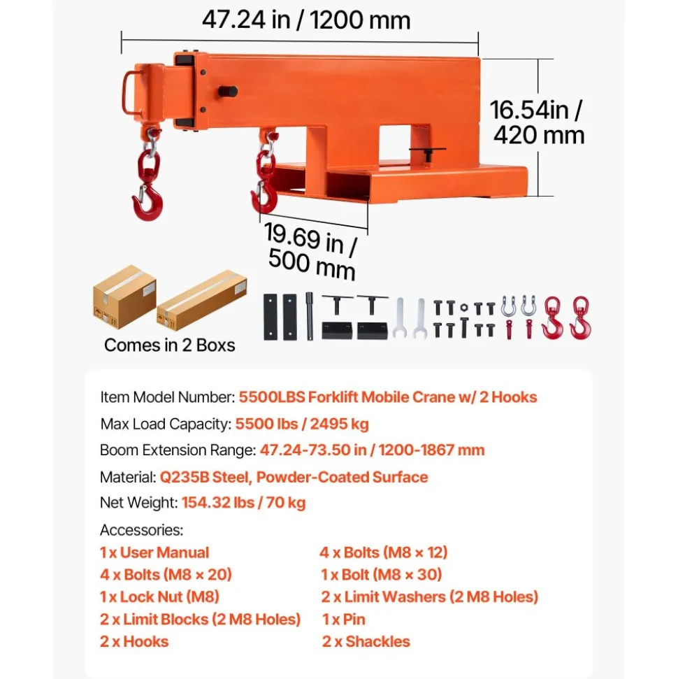 VEVOR Forklift Jib Boom Crane, 5500 lbs Capacity, Forklift Mobile Crane Lifting Hoist with 2 Hooks, Manual Telescopic 47.2-73.5 in, Boom Attachment Towing Handling Equipment for Warehouse & Factories