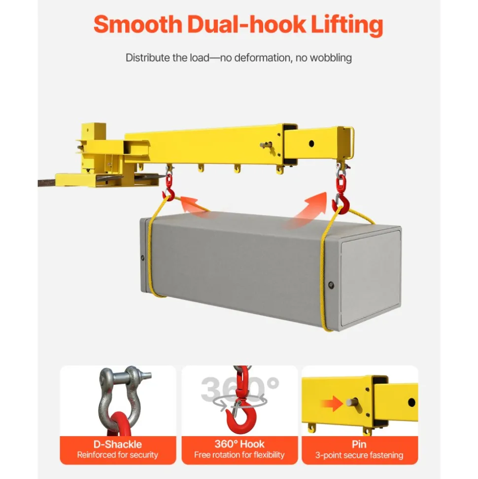 VEVOR Forklift Jib Boom Crane, 6000lbs Capacity, Manual Telescoping Boom Extends Up to 56.1 inches, Forklift Mobile Crane with 2 Hooks, Adjustable Forklift Crane Attachment for Warehouse, Factories