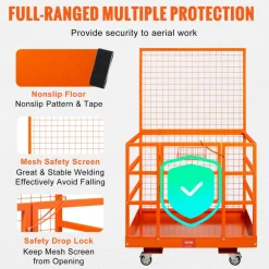 VEVOR Forklift Safety Cage, 1400lbs Load Capacity, 43'' x 45'' Forklift Work Platform with Safety Harness & Lock, Drain Hole & Wheels & Tool Basket, Dual Nonslip Design Perfect for Aerial Work