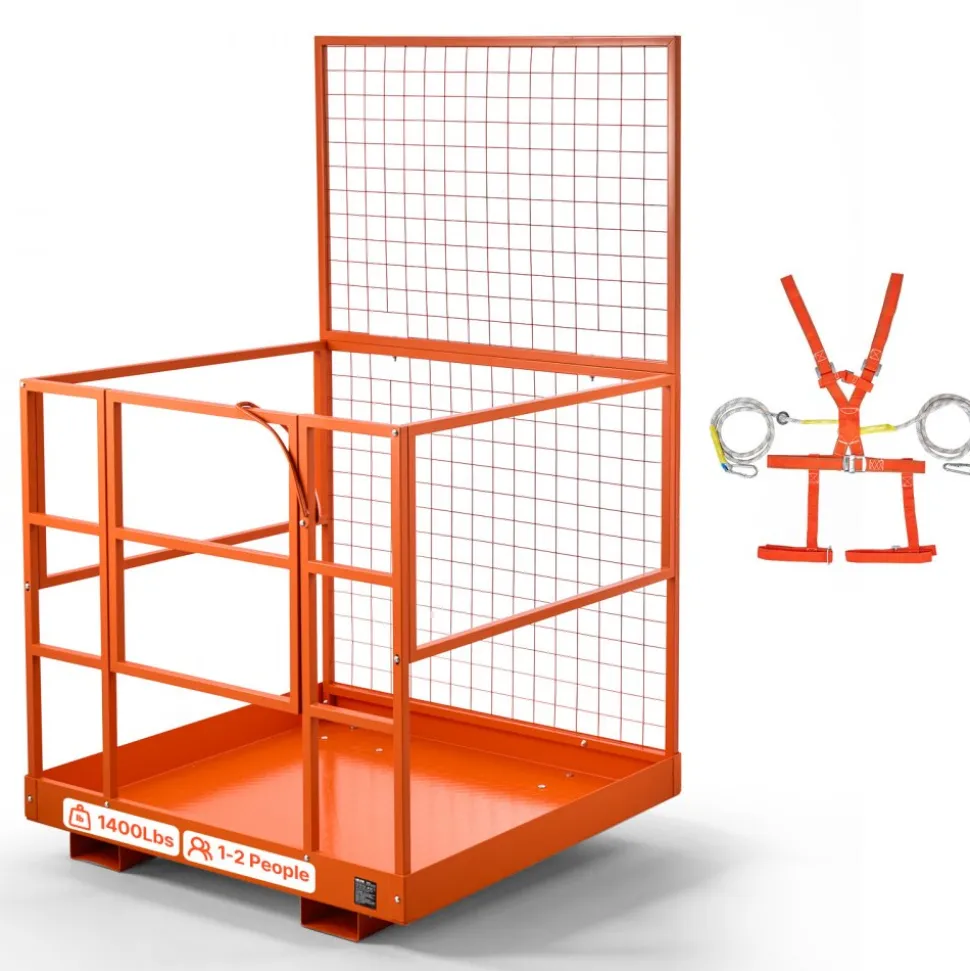 VEVOR Forklift Safety Cage, 48.2 x 45.2 Inch, Heavy Duty Forklift Man Basket, 1400 lbs Capacity Collapsible Work Platform Lift Basket with Safety Harness & Lock, for Most Aerial Jobs Lifting Loader