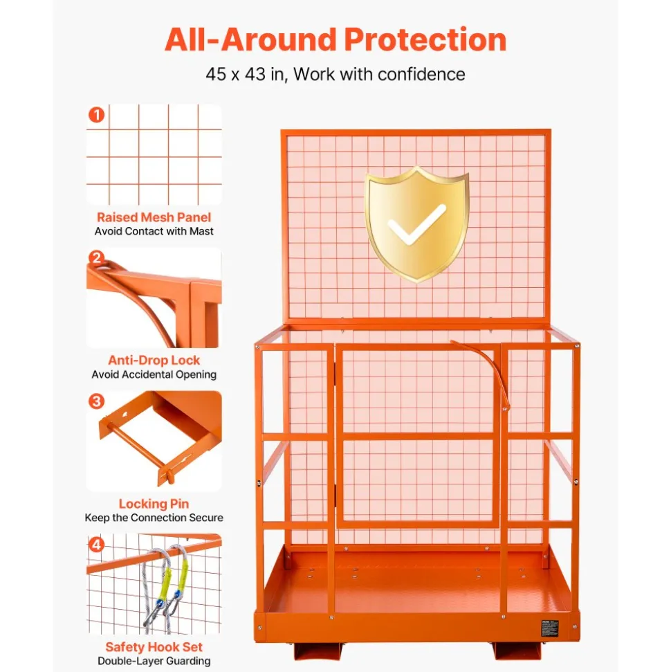 VEVOR Forklift Safety Cage, 48.2 x 45.2 Inch, Heavy Duty Forklift Man Basket, 1400 lbs Capacity Collapsible Work Platform Lift Basket with Safety Harness & Lock, for Most Aerial Jobs Lifting Loader