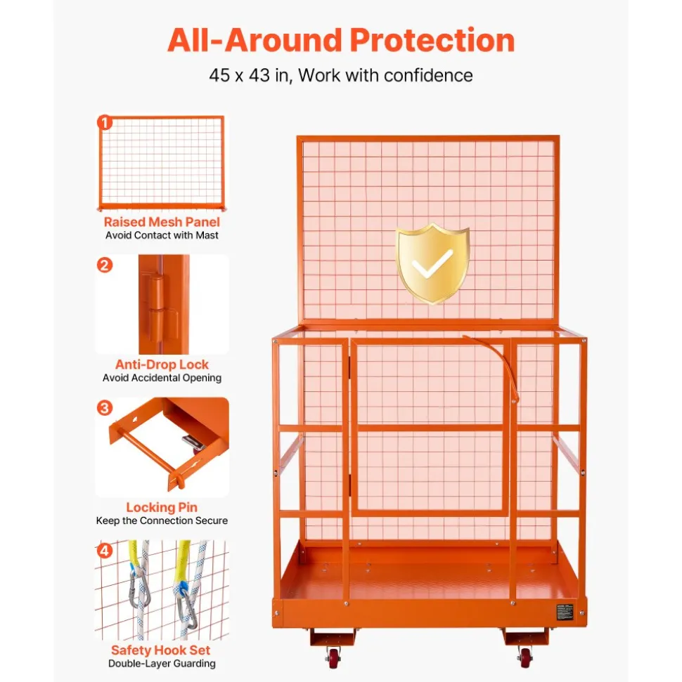 VEVOR Forklift Safety Cage, 36.6 x 36.6 Inch, Forklift Man Basket with 4 Wheels, 1200 lbs Capacity, Heavy Duty Work Platform, Collapsible Lift Basket Safety Set, for Most Aerial Jobs Lifting Loader