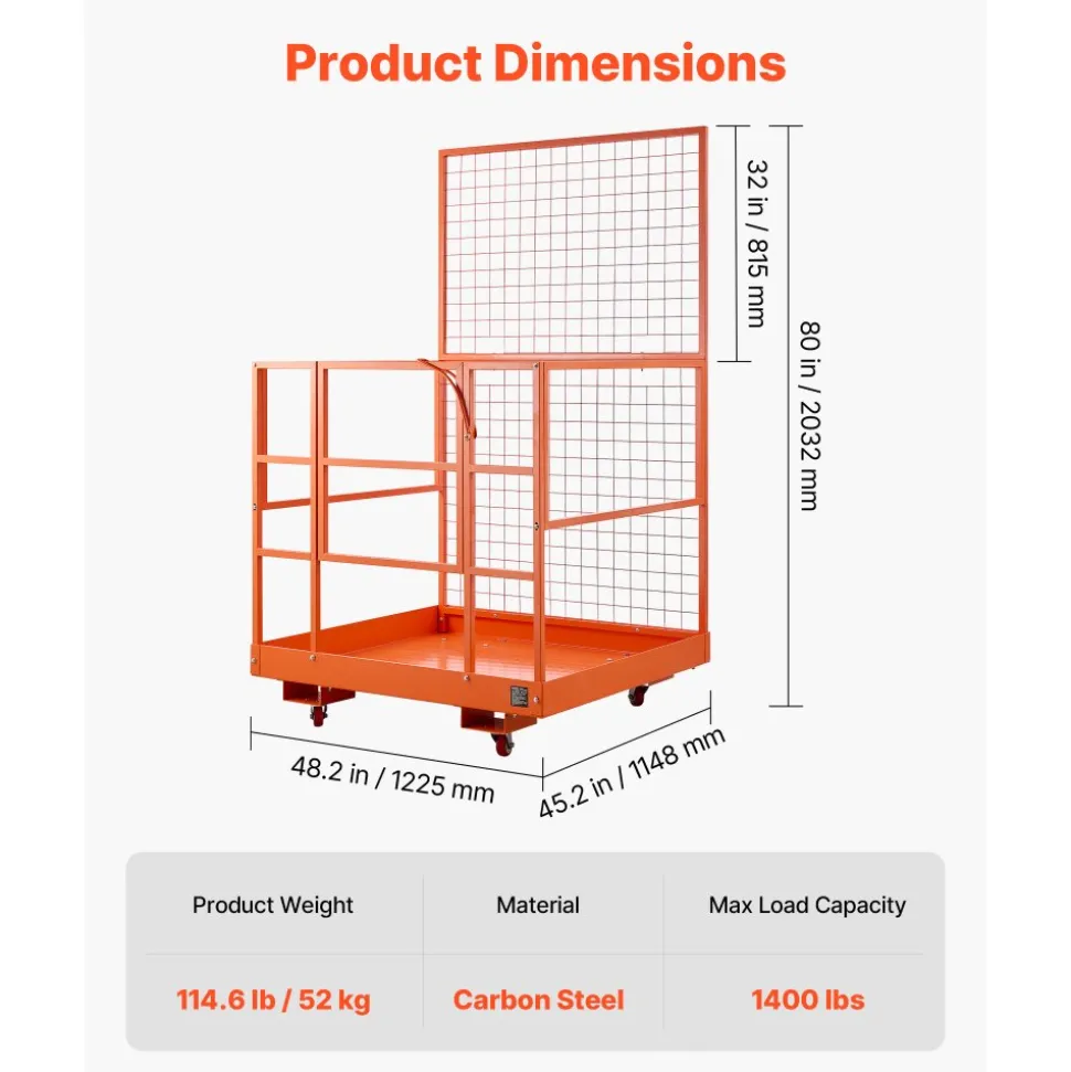 VEVOR Forklift Safety Cage, 36.6 x 36.6 Inch, Forklift Man Basket with 4 Wheels, 1200 lbs Capacity, Heavy Duty Work Platform, Collapsible Lift Basket Safety Set, for Most Aerial Jobs Lifting Loader