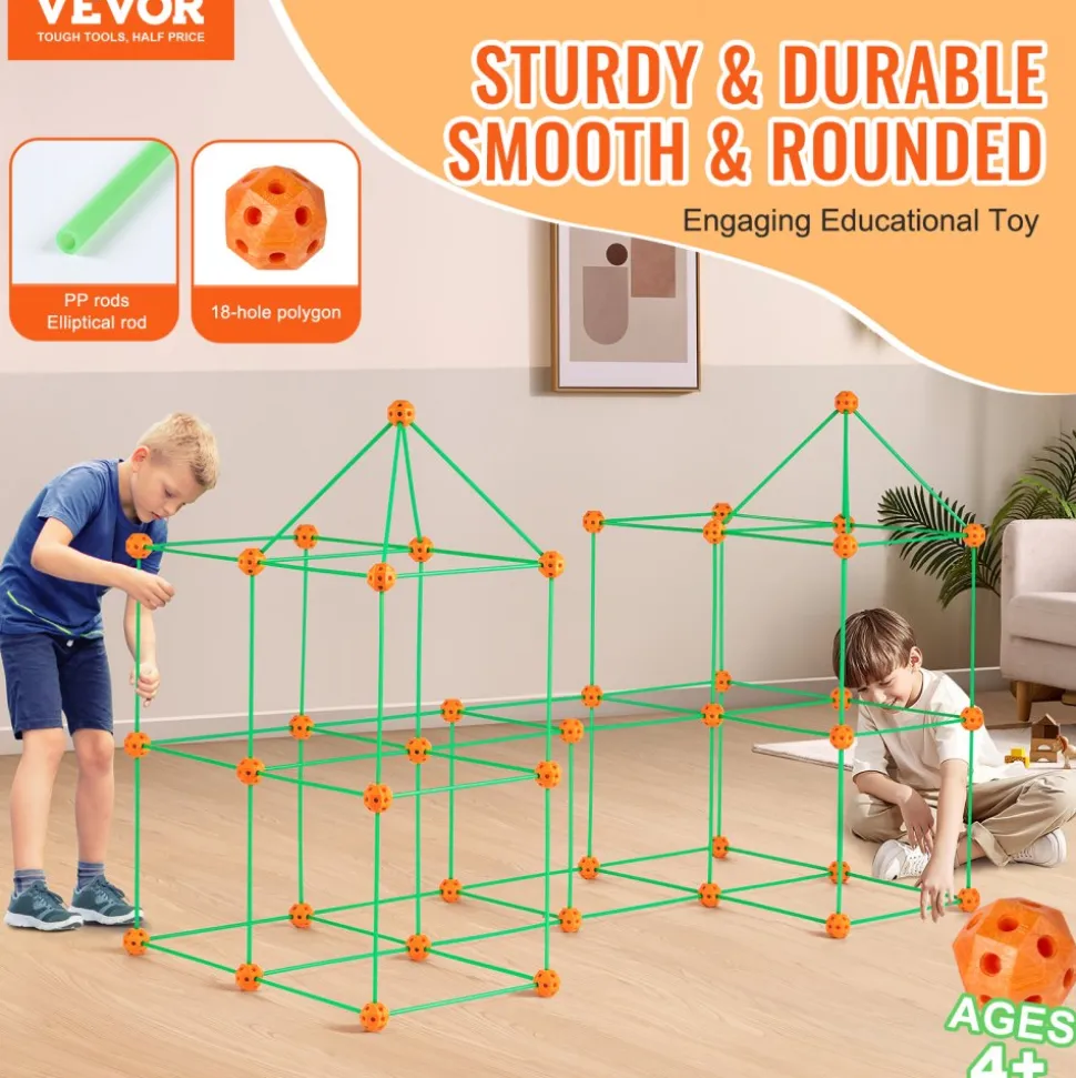 VEVOR Fort Building Kit for Kids, 140PCS Glow in The Dark STEM Building Toys, Educational Gift for 4 5 6 7 8+ Year Old Boys & Girls Indoor Outdoor Play Tent Construction Toys with 96 Rods and 44 Balls