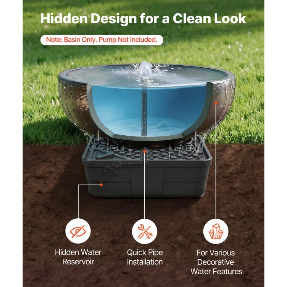 VEVOR Fountain and Water Feature Basin, 30-Inch Disappearing Water Fountain Basin for Landscape and Garden, Supports Up to 500 lbs, Heavy Duty Pond Reservoir for Bubbling Rock & Garden Statues, Black
