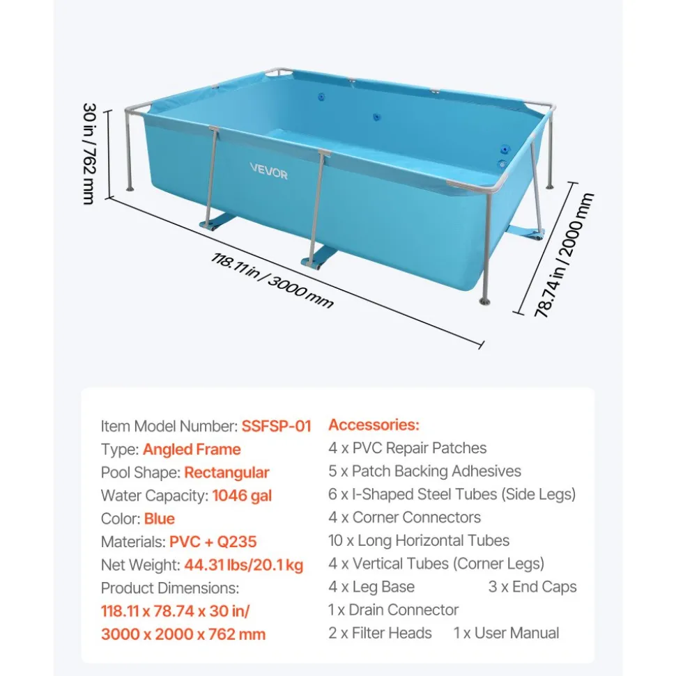 VEVOR Frame Above Ground Swimming Pool, 118 x 78 x 30 in Rectangular Steel Metal Frame, Large Rectangle Outdoor Backyard Family Pool, Easy to Assemble Rust-Resistant, 1046 Gallon Water Capacity, Blue