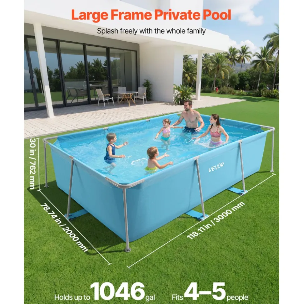 VEVOR Frame Above Ground Swimming Pool, 118 x 78 x 30 in Rectangular Steel Metal Frame, Large Rectangle Outdoor Backyard Family Pool, Easy to Assemble Rust-Resistant, 1046 Gallon Water Capacity, Blue