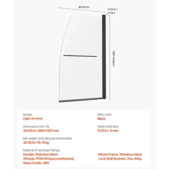 VEVOR Frameless Bathtub Shower Door, 34 in. W x 55 in. H, Half Shower Door for Bathtub, 180° Rotatable Tempered Glass Door, Half Shower Door with 1/4 in Tempered Glass Bathroom Shower Screen, Black