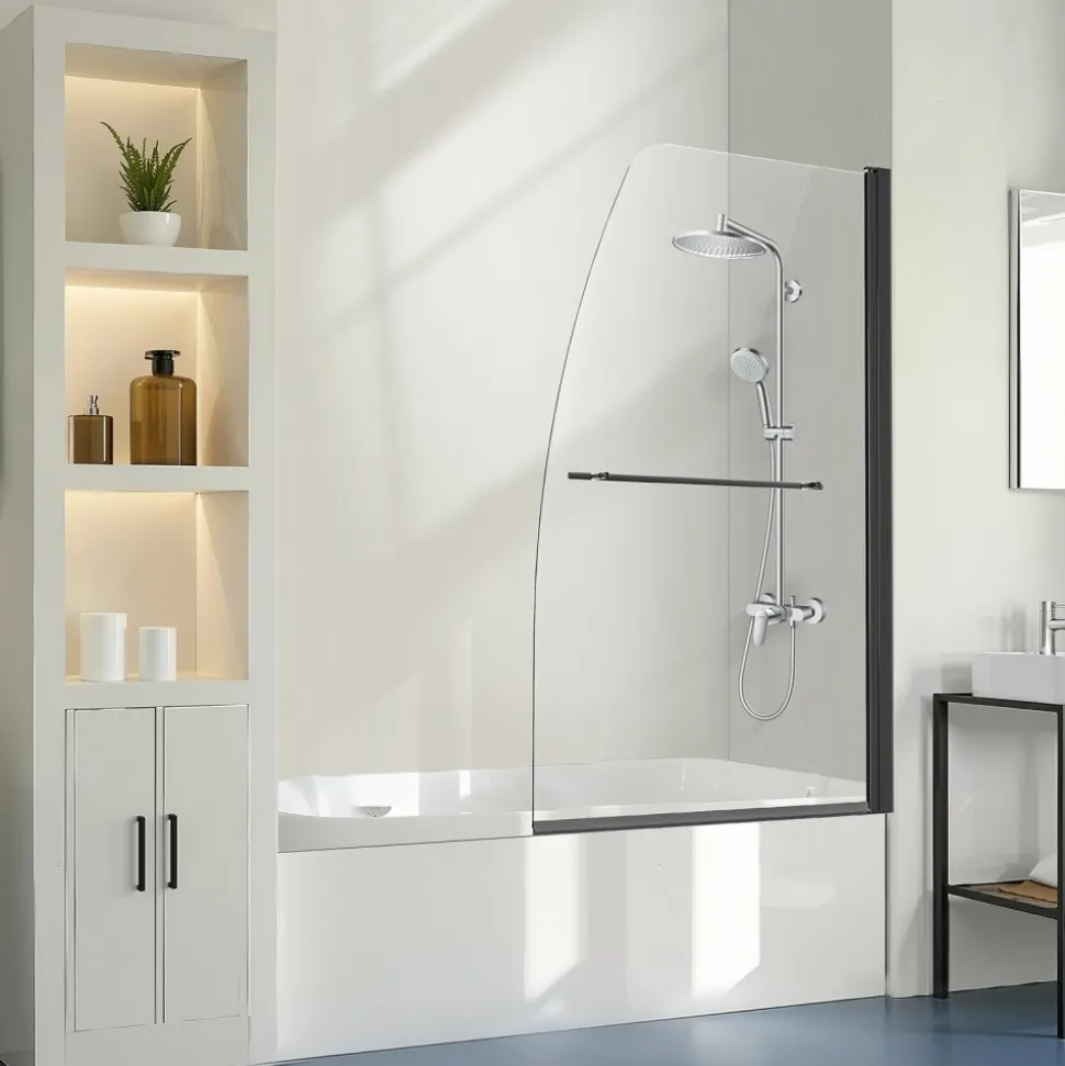VEVOR Frameless Bathtub Shower Door, 34 in. W x 55 in. H, Half Shower Door for Bathtub, 180° Rotatable Tempered Glass Door, Half Shower Door with 1/4 in Tempered Glass Bathroom Shower Screen, Black