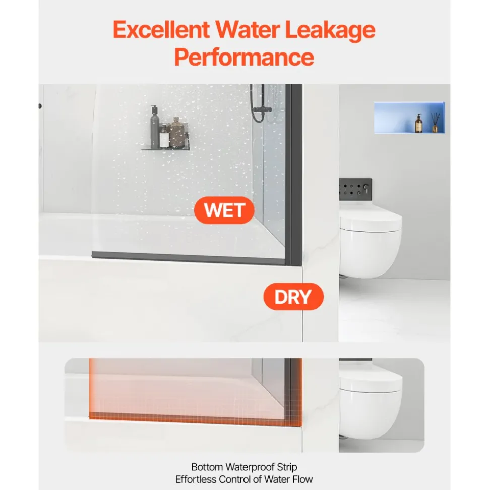 VEVOR Frameless Bathtub Shower Door, 34 in. W x 55 in. H, Half Shower Door for Bathtub, 180° Rotatable Tempered Glass Door, Half Shower Door with 1/4 in Tempered Glass Bathroom Shower Screen, Black