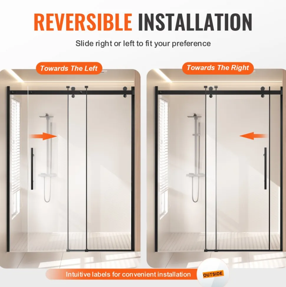 VEVOR Frameless Shower Door, 58-59 W x 75 H in, Shower Sliding Glass Door with 5/16 in(8mm) Clear SGCC Tempered Glass, Waterproof Shatterproof Stainproof with Stainless Steel Hardware, Matte Black