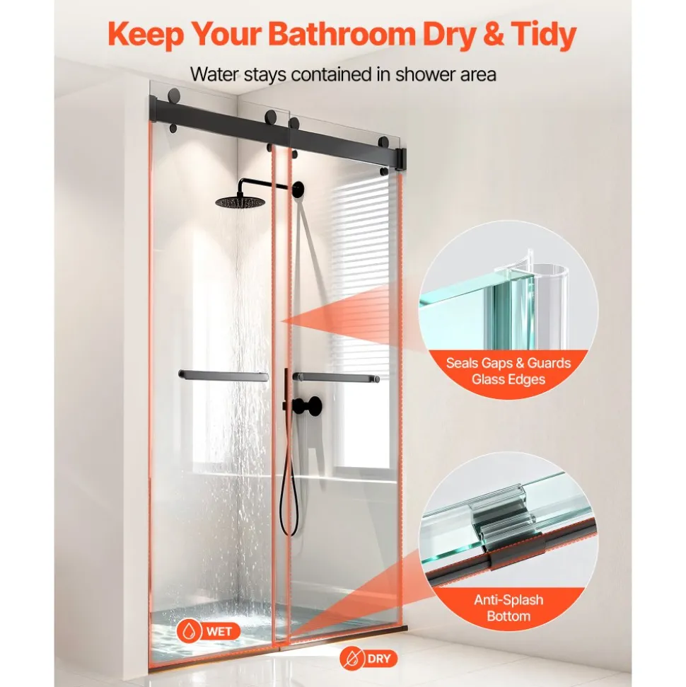 VEVOR Frameless Shower Door, 48" W x 76" H, Shower Sliding Glass Door with 3/8" (10 mm) Thick Clear Tempered Glass, Noiseless Shatterproof Nano Coating, with Rail, Seal Strip and Hardware Kit