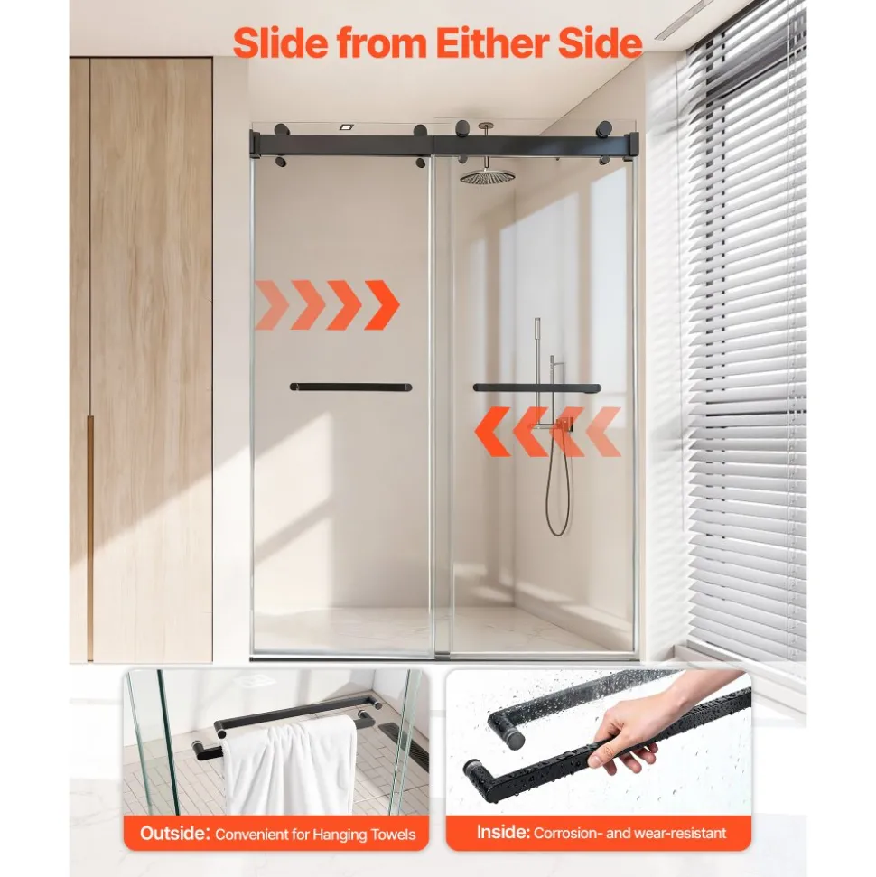VEVOR Frameless Shower Door, 48" W x 76" H, Shower Sliding Glass Door with 3/8" (10 mm) Thick Clear Tempered Glass, Noiseless Shatterproof Nano Coating, with Rail, Seal Strip and Hardware Kit