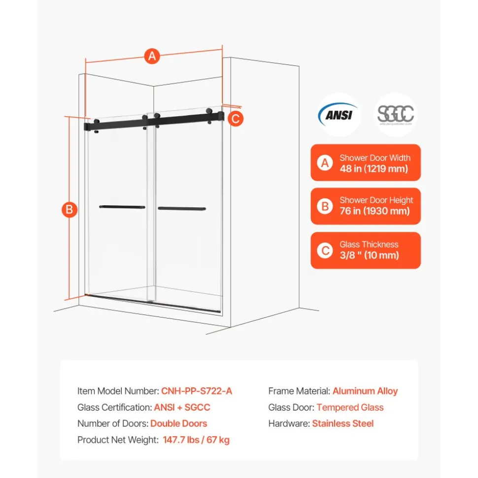 VEVOR Frameless Shower Door, 48" W x 76" H, Shower Sliding Glass Door with 3/8" (10 mm) Thick Clear Tempered Glass, Noiseless Shatterproof Nano Coating, with Rail, Seal Strip and Hardware Kit