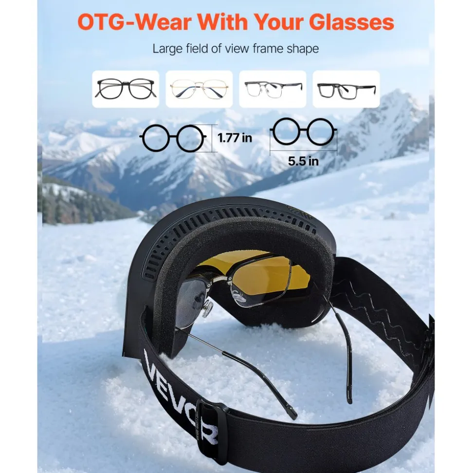 VEVOR Frameless Ski Goggles, Magnet Cylindrical Lens with Pink Revo Coating, OTG Anti fog Snow Goggles for Men Women Youth, TPU Frame & Ventilation Structure, Fit for Skiing, Skating, Snowboarding