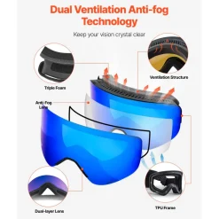 VEVOR Frameless Ski Goggles, Magnet Cylindrical Lens with Pink Revo Coating, OTG Anti fog Snow Goggles for Men Women Youth, TPU Frame & Ventilation Structure, Fit for Skiing, Skating, Snowboarding