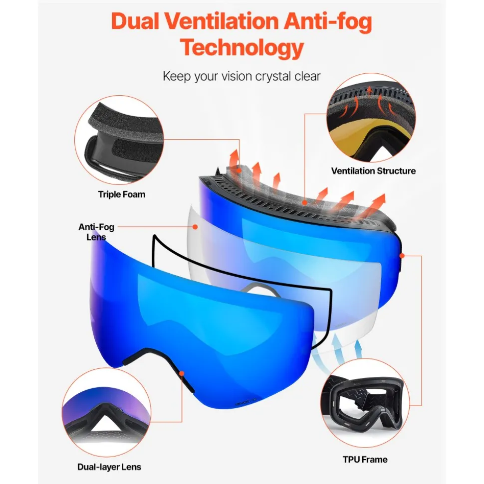 VEVOR Frameless Ski Goggles, Magnet Cylindrical Lens with Pink Revo Coating, OTG Anti fog Snow Goggles for Men Women Youth, TPU Frame & Ventilation Structure, Fit for Skiing, Skating, Snowboarding