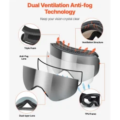 VEVOR Frameless Ski Goggles, Magnet Cylindrical Lens with Silver Mirror Revo Coating, OTG Anti fog Snow Goggles for Men Women, TPU Frame & Ventilation Structure, Fit for Skiing, Skating, Snowboarding