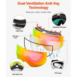 VEVOR Frameless Ski Goggles, Spherical Lens with Pink Revo Coating, OTG Anti fog Snow Goggles for Men Women Youth, TPU Frame & Ventilation Structure, Suitable for Skiing, Skating, Snowboarding