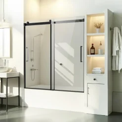 VEVOR Frameless Sliding Bathtub Door, 56-60 in.W x 60 in.H, Frameless Shower Glass Door, Frameless Double Sliding Tub Door with 5/16 in Clear Tempered Glass and Stainless Steel Handle, Black Finish