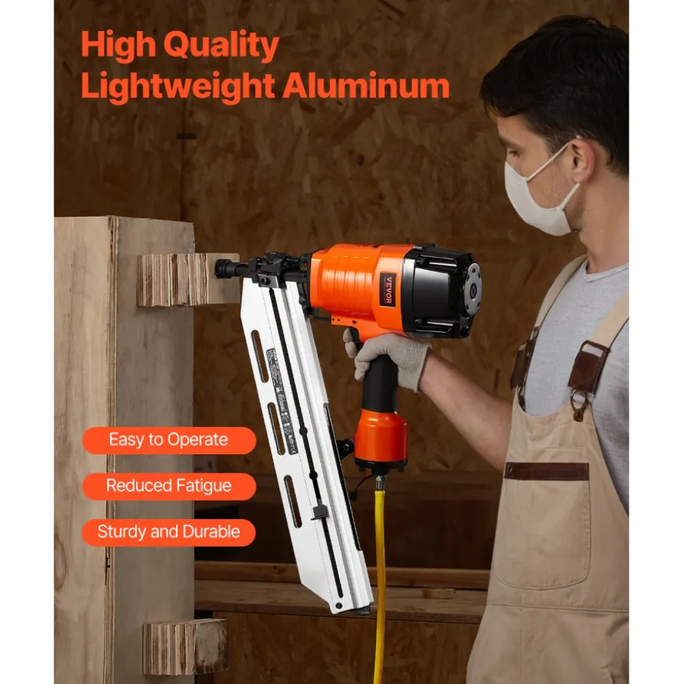 VEVOR Framing Nailer, 80-120PSI Air Nail Gun, 2" to 3-1/2" 21 Degree Full Round Head Pneumatic Framing Nailer with Tool-Less Depth Adjustment & Dual Trigger Modes, Ideal for Framing Decking Flooring