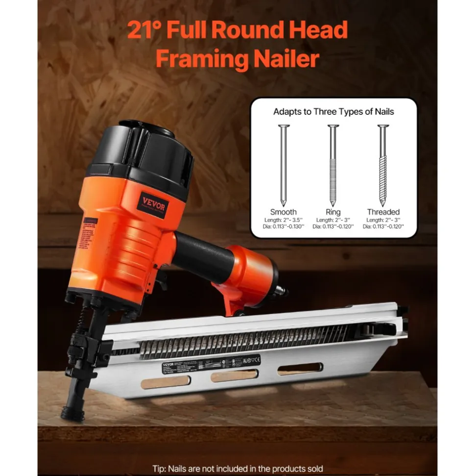 VEVOR Framing Nailer, 80-120PSI Air Nail Gun, 2" to 3-1/2" 21 Degree Full Round Head Pneumatic Framing Nailer with Tool-Less Depth Adjustment & Dual Trigger Modes, Ideal for Framing Decking Flooring