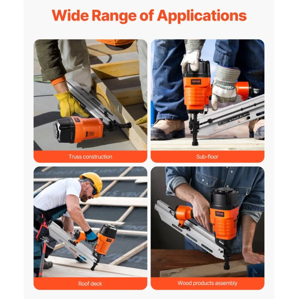 VEVOR Framing Nailer, 80-120PSI Air Nail Gun, 2" to 3-1/2" 21 Degree Full Round Head Pneumatic Framing Nailer with Tool-Less Depth Adjustment & Dual Trigger Modes, Ideal for Framing Decking Flooring