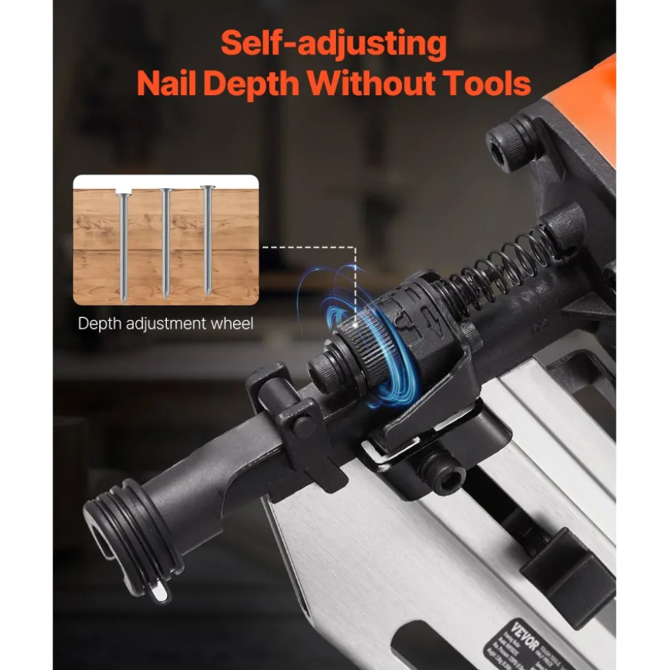 VEVOR Framing Nailer, 80-120PSI Air Nail Gun, 2" to 3-1/2" 21 Degree Full Round Head Pneumatic Framing Nailer with Tool-Less Depth Adjustment & Dual Trigger Modes, Ideal for Framing Decking Flooring