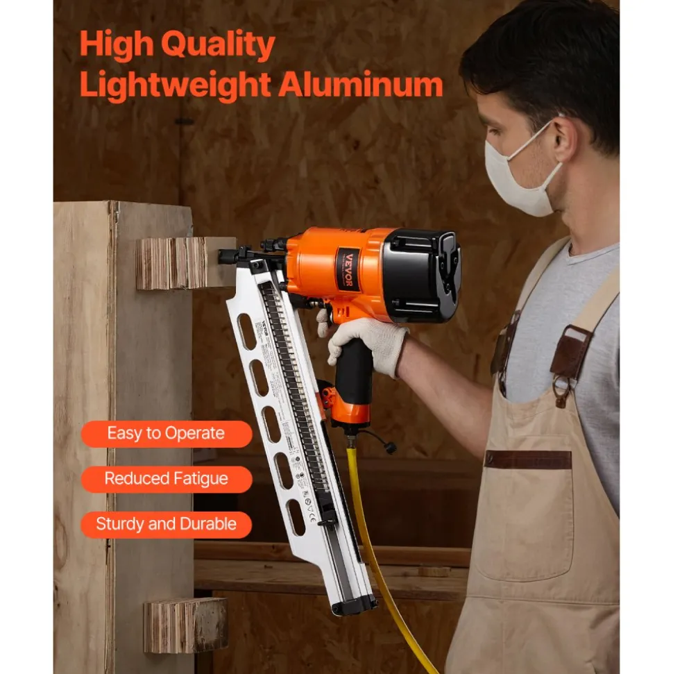 VEVOR Framing Nailer, 2" to 3-1/2" 21 Degree Full Round Head Pneumatic Framing Nailer with Dual Trigger Modes & Tool-Less Depth Adjustment, 80-120PSI Pro Air Nail Gun for Framing Flooring Decking
