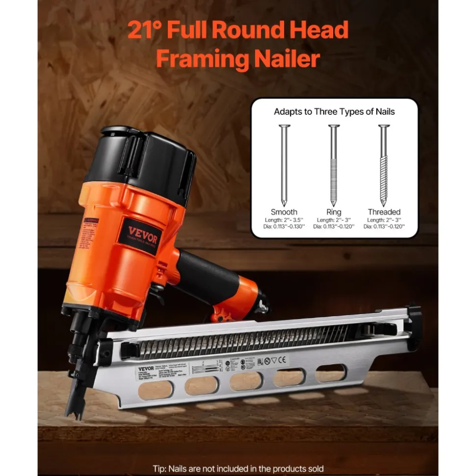 VEVOR Framing Nailer, 2" to 3-1/2" 21 Degree Full Round Head Pneumatic Framing Nailer with Dual Trigger Modes & Tool-Less Depth Adjustment, 80-120PSI Pro Air Nail Gun for Framing Flooring Decking