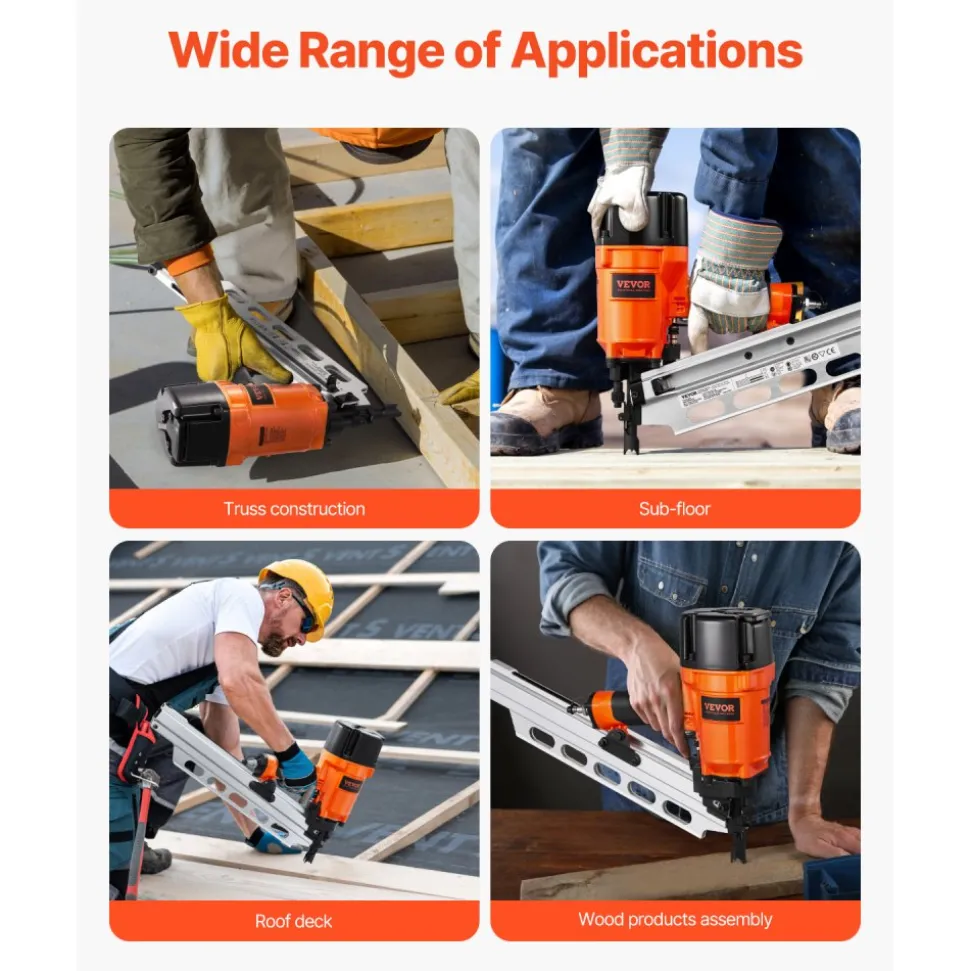 VEVOR Framing Nailer, 2" to 3-1/2" 21 Degree Full Round Head Pneumatic Framing Nailer with Dual Trigger Modes & Tool-Less Depth Adjustment, 80-120PSI Pro Air Nail Gun for Framing Flooring Decking