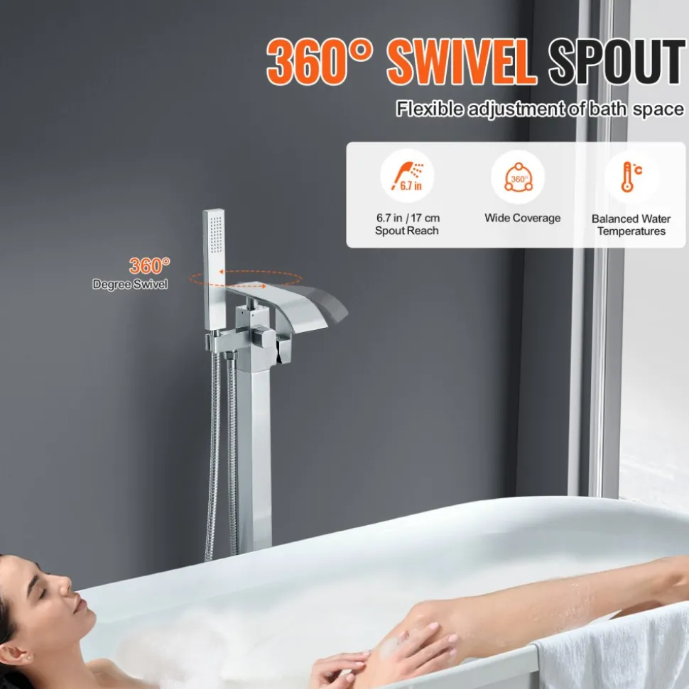 VEVOR Freestanding Bathtub Faucet, Floor Mount, Freestanding Tub Filler, Shower Mixer Taps, Two Water Modes, 360° Swivel Spout, for Bathing & Showering Pet Bathing Cleaning Drains Toilet Flushing