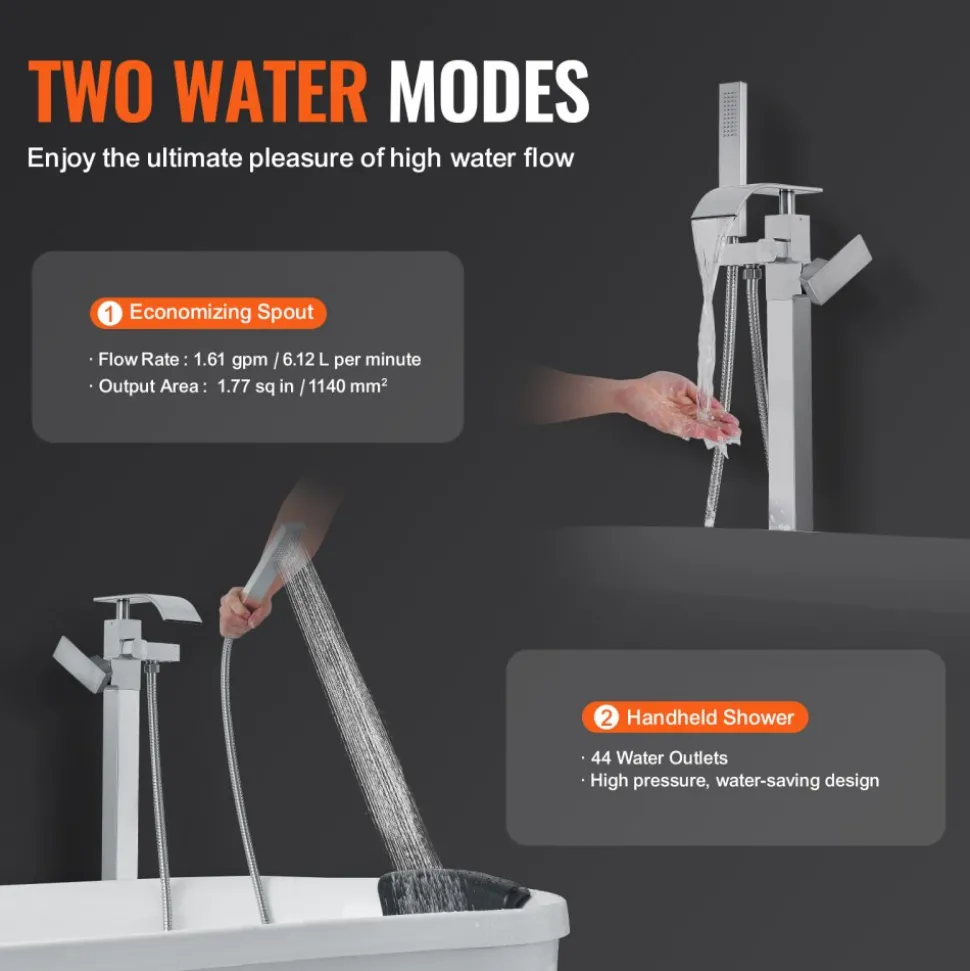 VEVOR Freestanding Bathtub Faucet, Floor Mount, Freestanding Tub Filler, Shower Mixer Taps, Two Water Modes, 360° Swivel Spout, for Bathing & Showering Pet Bathing Cleaning Drains Toilet Flushing