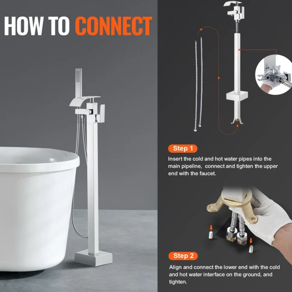 VEVOR Freestanding Bathtub Faucet, Floor Mount, Freestanding Tub Filler, Shower Mixer Taps, Two Water Modes, 360° Swivel Spout, for Bathing & Showering Pet Bathing Cleaning Drains Toilet Flushing