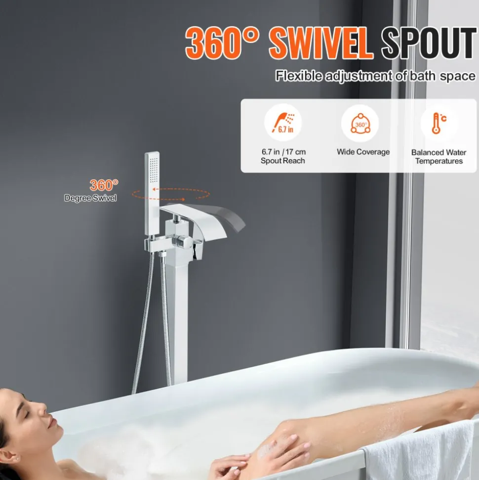 VEVOR Freestanding Bathtub Faucet, Floor Mount, Freestanding Tub Filler, Shower Mixer Taps, Two Water Modes, 360° Swivel Spout, for Bathing & Showering Pet Bathing Cleaning Drains Toilet Flushing