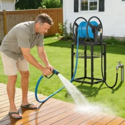 VEVOR Freestanding Garden Hose Reel, Holds 200 Feet of 5/8-inch Hose, Wall Mount or Ground Mount, Detachable Holder Stand with Storage Rack, 5 ft Leader Hose, Brass Fitting, 4 Spikes, for Backyards