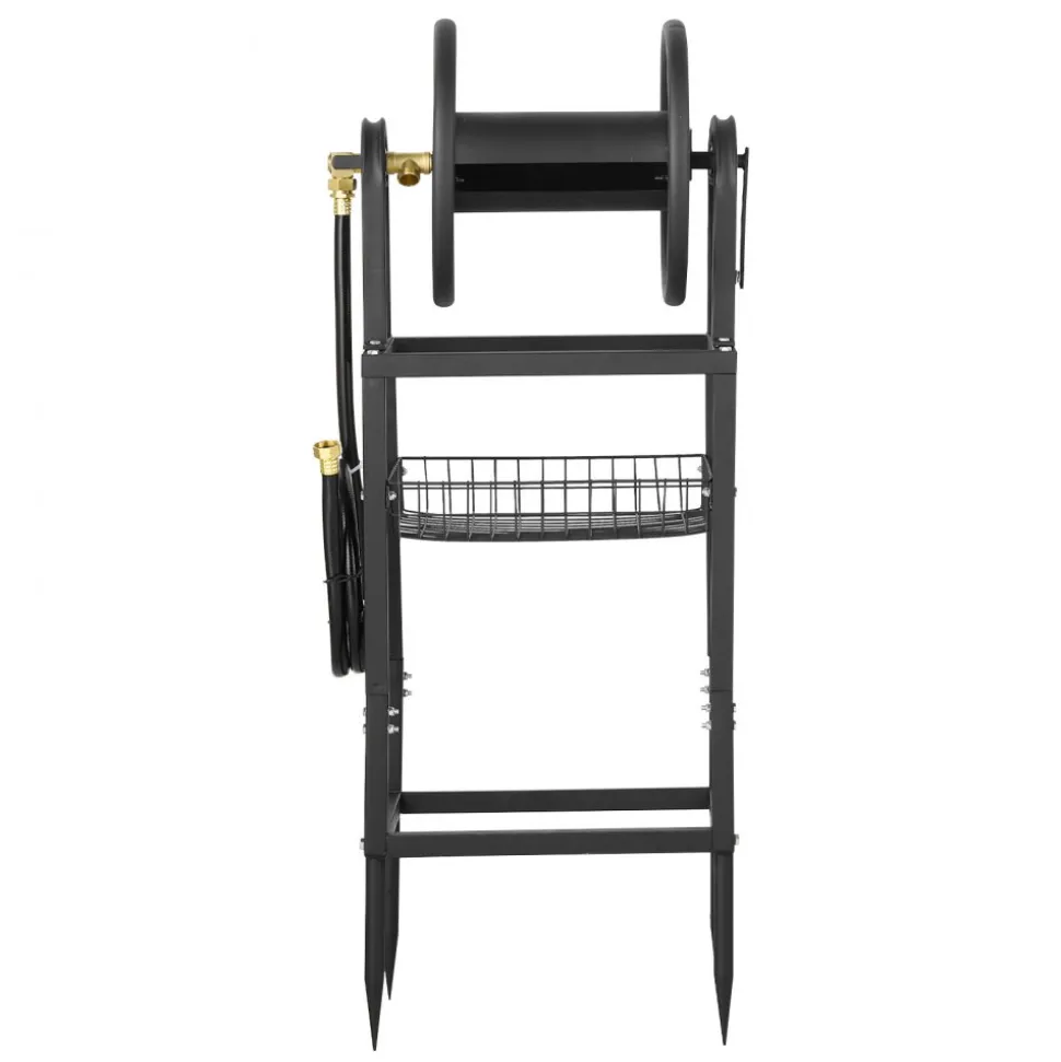 VEVOR Freestanding Garden Hose Reel, Holds 200 Feet of 5/8-inch Hose, Wall Mount or Ground Mount, Detachable Holder Stand with Storage Rack, 5 ft Leader Hose, Brass Fitting, 4 Spikes, for Backyards