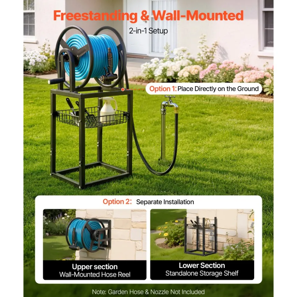 VEVOR Freestanding Garden Hose Reel, Holds 200 Feet of 5/8-inch Hose, Wall Mount or Ground Mount, Detachable Holder Stand with Storage Rack, 5 ft Leader Hose, Brass Fitting, 4 Spikes, for Backyards
