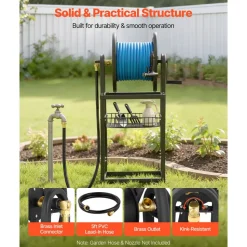 VEVOR Freestanding Garden Hose Reel, Holds 200 Feet of 5/8-inch Hose, Wall Mount or Ground Mount, Detachable Holder Stand with Storage Rack, 5 ft Leader Hose, Brass Fitting, 4 Spikes, for Backyards