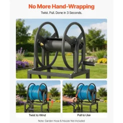 VEVOR Freestanding Garden Hose Reel, Holds 200 Feet of 5/8-inch Hose, Wall Mount or Ground Mount, Detachable Holder Stand with Storage Rack, 5 ft Leader Hose, Brass Fitting, 4 Spikes, for Backyards