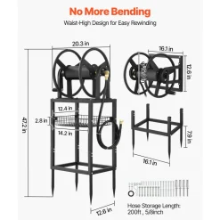 VEVOR Freestanding Garden Hose Reel, Holds 200 Feet of 5/8-inch Hose, Wall Mount or Ground Mount, Detachable Holder Stand with Storage Rack, 5 ft Leader Hose, Brass Fitting, 4 Spikes, for Backyards