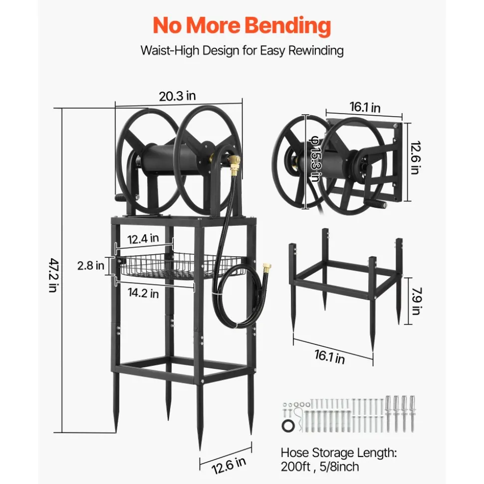 VEVOR Freestanding Garden Hose Reel, Holds 200 Feet of 5/8-inch Hose, Wall Mount or Ground Mount, Detachable Holder Stand with Storage Rack, 5 ft Leader Hose, Brass Fitting, 4 Spikes, for Backyards