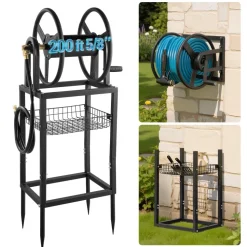VEVOR Freestanding Garden Hose Reel, Holds 200 Feet of 5/8-inch Hose, Wall Mount or Ground Mount, Detachable Holder Stand with Storage Rack, 5 ft Leader Hose, Brass Fitting, 4 Spikes, for Backyards