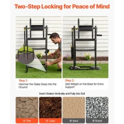 VEVOR Freestanding Garden Hose Reel, Holds 200 Feet of 5/8-inch Hose, Wall Mount or Ground Mount, Detachable Holder Stand with Storage Rack, 5 ft Leader Hose, Brass Fitting, 4 Spikes, for Backyards