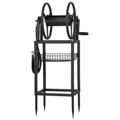 VEVOR Freestanding Garden Hose Reel, Holds 200 Feet of 5/8-inch Hose, Wall Mount or Ground Mount, Detachable Holder Stand with Storage Rack, 5 ft Leader Hose, Brass Fitting, 4 Spikes, for Backyards