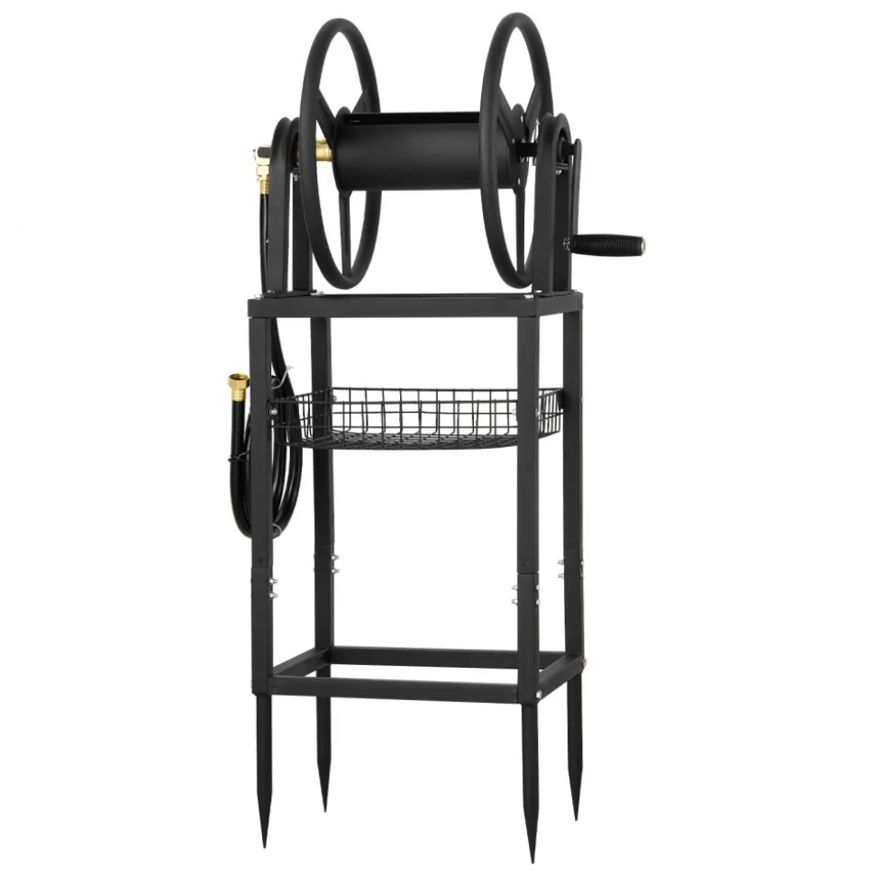 VEVOR Freestanding Garden Hose Reel, Holds 200 Feet of 5/8-inch Hose, Wall Mount or Ground Mount, Detachable Holder Stand with Storage Rack, 5 ft Leader Hose, Brass Fitting, 4 Spikes, for Backyards
