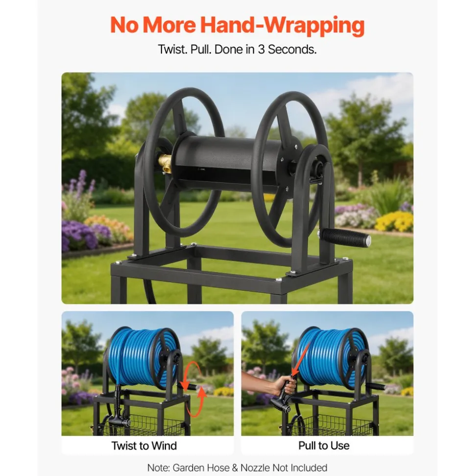 VEVOR Freestanding Garden Hose Reel, Holds 125 Feet of 5/8-inch Hose, Wall Mount or Ground Mount, Detachable Holder Stand with Storage Rack, 5 ft Leader Hose, Brass Fitting, 4 Spikes, for Backyards
