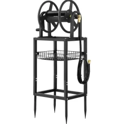 VEVOR Freestanding Garden Hose Reel, Holds 125 Feet of 5/8-inch Hose, Wall Mount or Ground Mount, Detachable Holder Stand with Storage Rack, 5 ft Leader Hose, Brass Fitting, 4 Spikes, for Backyards