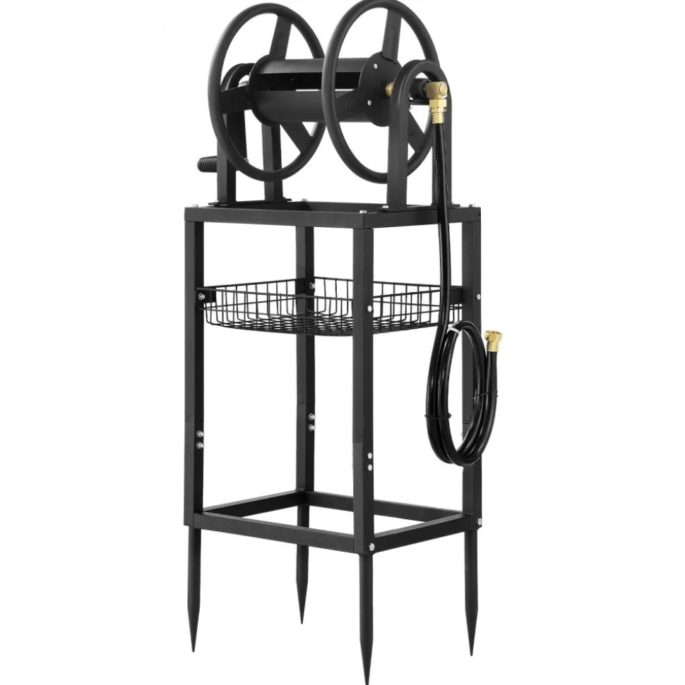 VEVOR Freestanding Garden Hose Reel, Holds 125 Feet of 5/8-inch Hose, Wall Mount or Ground Mount, Detachable Holder Stand with Storage Rack, 5 ft Leader Hose, Brass Fitting, 4 Spikes, for Backyards